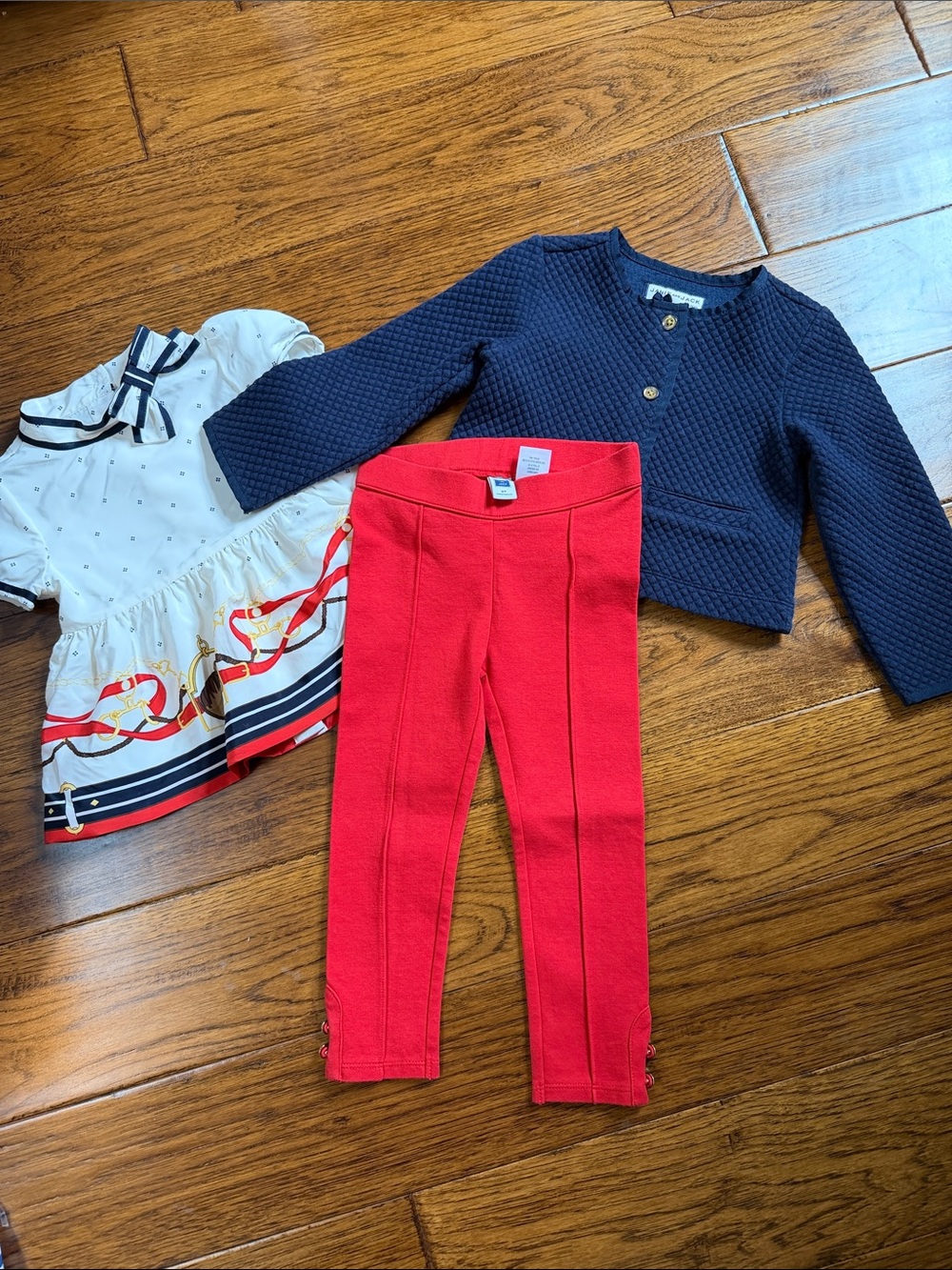 Navy Quilted Jacket, Red Leggings & Equestrain White Top Set